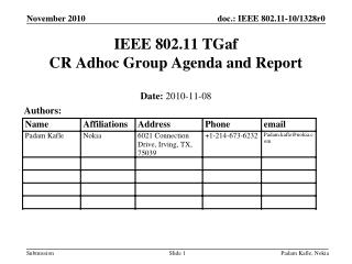 IEEE 802.11 TGaf CR Adhoc Group Agenda and Report