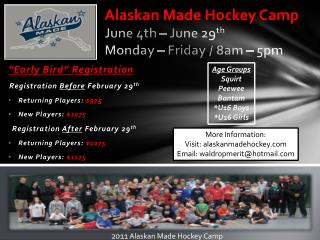 Alaskan Made Hockey Camp June 4th – June 29 th Monday – Friday / 8am – 5pm