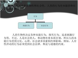 二、行为的分类 由于人所具备的生物性和社会性，人类的行为有本能的和社会的两大类。