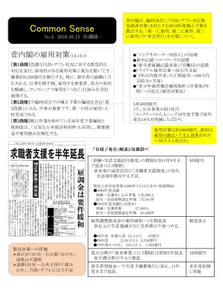 菅内閣の雇用対策 （ 10.10.1) 〔 第 1 段階 〕 急激な円高・デフレ状況に対する緊急的な 対応を実行。即効性のある雇用対策に重点を置いて予