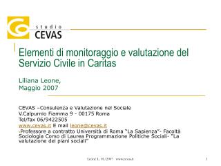 Elementi di monitoraggio e valutazione del Servizio Civile in Caritas Liliana Leone, Maggio 2007