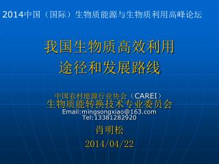 2014 中国（国际）生物质能源与生物质利用高峰论坛 我国生物质高效利用 途径和发展路线 中国农村能源行业协会 （ CAREI ） 生物质能转换技术专业委员会