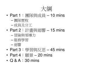 Part 1 ：團隊與成員 – 10 mins 團隊歷程 成員及分工 Part 2 ：計畫與迴響 – 15 mins 冒險與領導力 服務學習 迴響