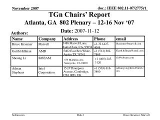 TGn Chairs’ Report Atlanta, GA 802 Plenary – 12-16 Nov ‘07