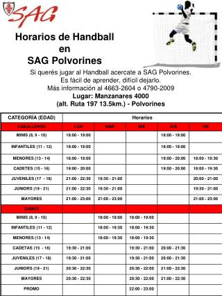 Horarios de Handball en SAG Polvorines