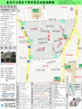 永康區災害應變中心 電話： 06-2010308 轉 9 消防局報案電話： 119 警察局報案電話： 110 復興派出所： 電話：06-3111570 復興消防分隊：