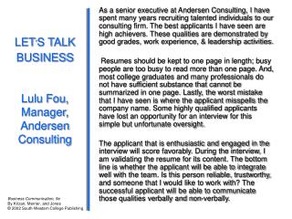 LET ’ S TALK BUSINESS Lulu Fou, Manager, Andersen Consulting