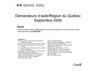 Demandeurs d’asile/Région du Québec Septembre 2006