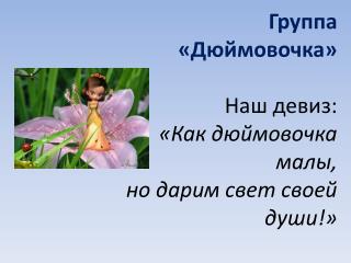 Группа «Дюймовочка » Наш девиз: «Как дюймовочка малы, но дарим свет своей души!»