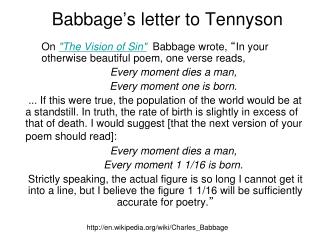 Babbage ’ s letter to Tennyson