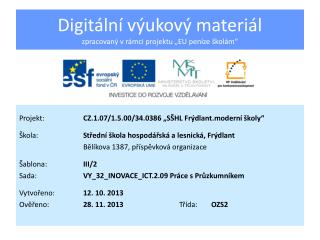 Digitální výukový materiál zpracovaný v rámci projektu „EU peníze školám“