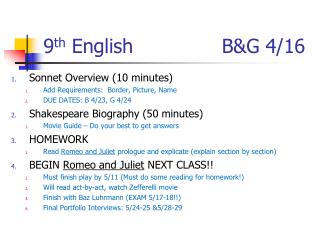 9 th English	 		 B&amp;G 4/16