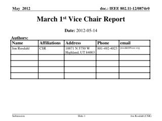 March 1 st Vice Chair Report