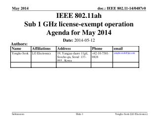 IEEE 802.11ah Sub 1 GHz license-exempt operation Agenda for May 2014
