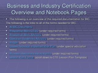 Business and Industry Certification Overview and Notebook Pages