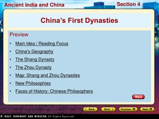 Preview Main Idea / Reading Focus China’s Geography The Shang Dynasty The Zhou Dynasty