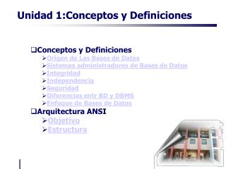 Conceptos y Definiciones Origen de Las Bases de Datos Sistemas administradores de Bases de Datos