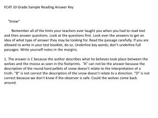 FCAT 10 Grade Sample Reading Answer Key “Snow”