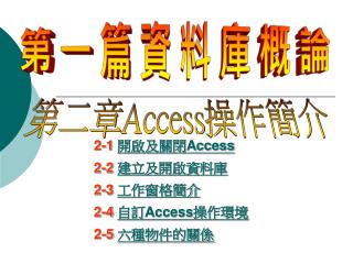2-1 開啟及關閉 Access 2-2 建立及開啟資料庫 2-3 工作窗格簡介 2-4 自訂 Access 操作環境 2-5 六種物件的關係