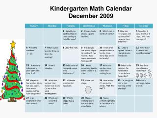 Kindergarten Math Calendar December 2009