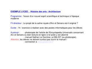 EXEMPLE LYCEE :	Histoire des arts / Architecture