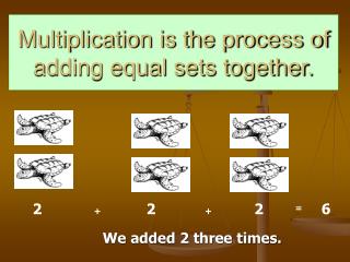 Multiplication is the process of adding equal sets together.