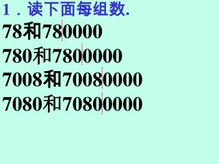 1 ．读下面每组数 . 78 和 780000                 780 和 7800000  7008 和 70080000             