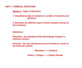 UNIT 7 - CHEMICAL REACTIONS Section 2 - Types of Reactions