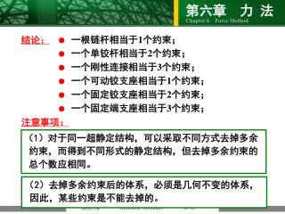 ● 一根链杆相当于 1 个约束； ● 一个单铰杆相当于 2 个约束； ● 一个刚性连接相当于 3 个约束； ● 一个可动铰支座相当于 1 个约束； ● 一个固定铰支座相当于 2 个约束；