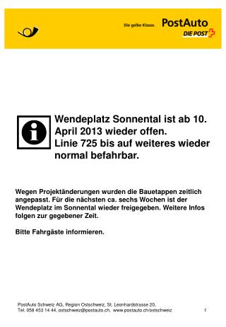 Wendeplatz Sonnental ist ab 10. April 2013 wieder offen.