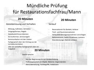 Mündliche Prüfung für Restaurationsfachfrau/Mann