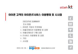 EXECUTIVE SUMMARY 조사 방법 Ⅰ . 아이폰 가입자 프로파일 Ⅱ . 어플리케이션 이용행태 및 성향 Ⅲ . 어플리케이션 구매 성향