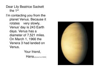 Dear Lily Beatrice Sackett the 1 st