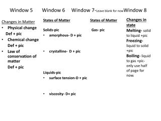 Window 5	Window 6 Window 7- Leave blank for now Window 8