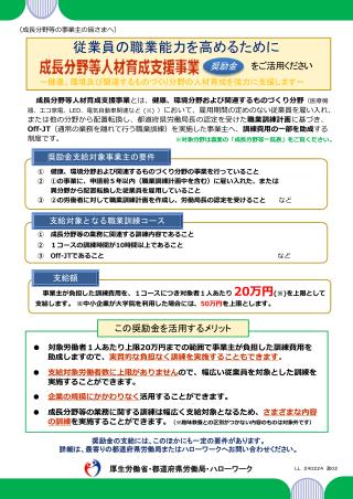 ①　健康、環境分野および関連するものづくり分野の事業を行っていること 　② ①の事業に、申請前５年以内（職業訓練計画中を含む）に雇い入れた、または