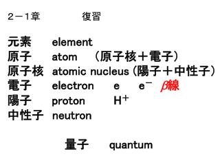 ２－１章　 　　　　復習 元素　　 element 原子　　 atom 　　（原子核＋電子）　　　　　　 原子核　 atomic nucleus ( 陽子＋中性子）