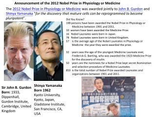 Announcement of the 2012 Nobel Prize in Physiology or Medicine