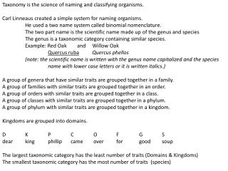 Taxonomy is the science of naming and classifying organisms.