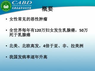 女性常见的恶性肿瘤 全世界每年有 120 万妇女发生乳腺癌， 50 万死于乳腺癌 北美、北欧高发， 4 倍于亚、非、拉美洲 我国发病率逐年升高