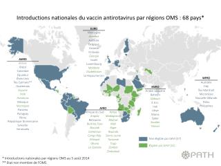 * Introductions nationales par régions OMS au 5 août 2014 ** Etat non membre de l’OMS