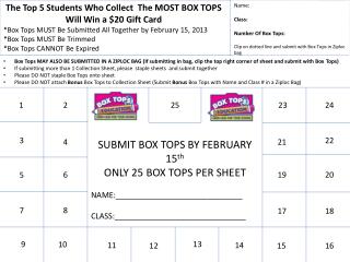 The Top 5 Students Who Collect The MOST BOX TOPS Will Win a $20 Gift Card