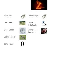 Zip – Zips Zoo – Zoo Zinc – Zinok Zebra – Zebra Zero – Nula