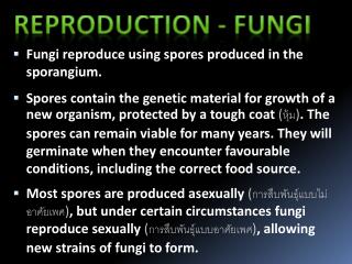Fungi reproduce using spores produced in the sporangium.