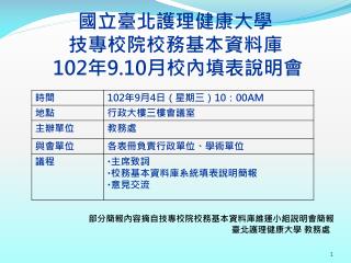 國立臺北護理健康大學 技專校院校務基本資料庫 102 年 9.10 月 校內填表說明會
