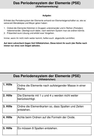 Das Periodensystem der Elemente (PSE) (Arbeitsanweisung)