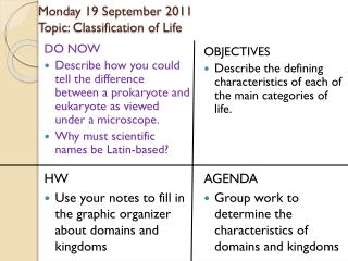 Monday 19 September 2011 Topic: Classification of Life