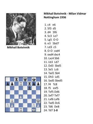 Mikhail Botvinnik - Milan Vidmar Nottingham 1936 1. c4 e6 2. Sf3 d5 3. d4 Sf6
