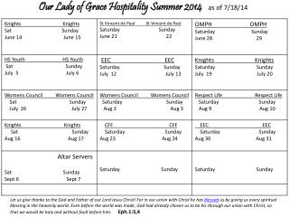 Our Lady of Grace Hospitality Summer 2014 as of 7/18/14