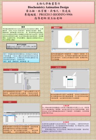 生物化學 動畫製作 Biochemistry Animation Design 黃泳融、林育槿、吳唯凡、張堯庭 專題編號： PROJ2013-BIOINFO-9906 指導老師 : 侯玉松老師