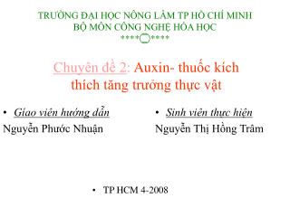 TRƯỜNG ĐẠI HỌC NÔNG LÂM TP HỒ CHÍ MINH BỘ MÔN CÔNG NGHỆ HÓA HỌC **** ۝ ****